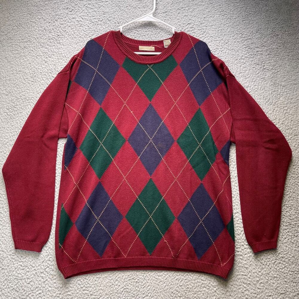 Vintage Sweater Mens Medium Red Diamond Design Pullover East Island Sweatshirt